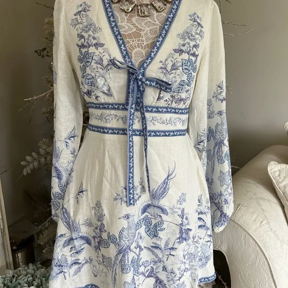 Caroline Constas Ivory and Blue Floral Mini Dress - Picture 2 of 16